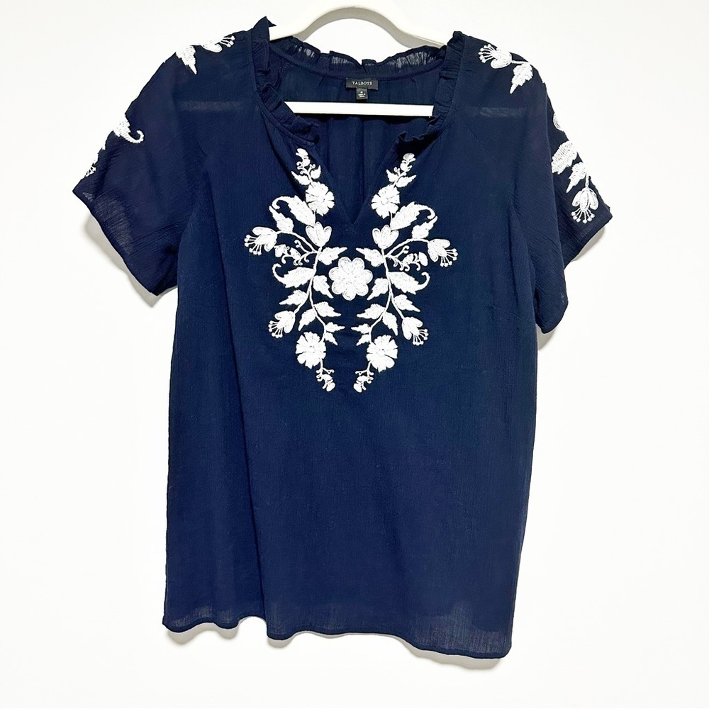 Talbots Embroidered Gauze Ruffle Neck Navy Top Size M - Picture 2 of 9